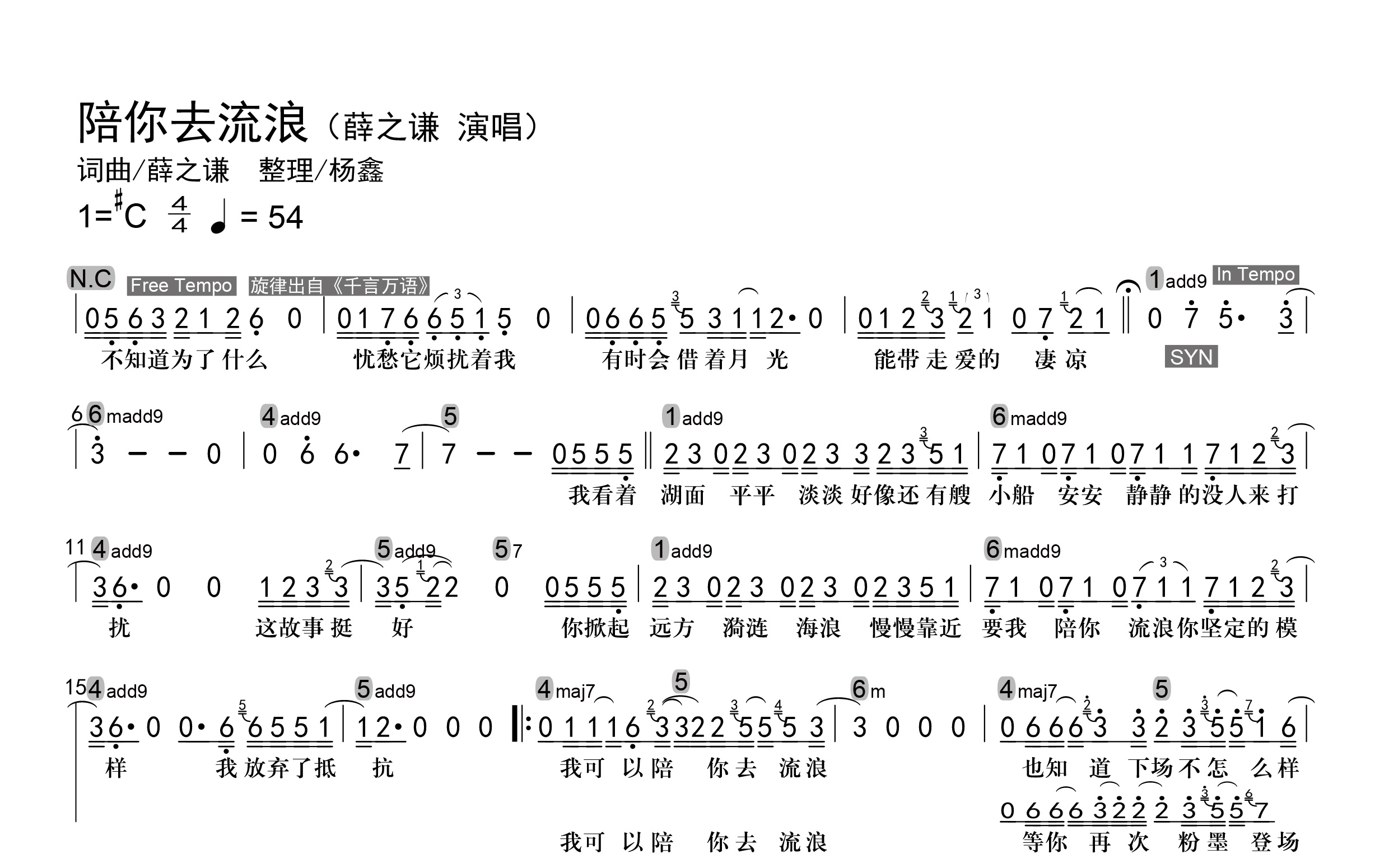 陪你去流浪吉他谱_薛之谦_级数和弦_C调弹唱谱