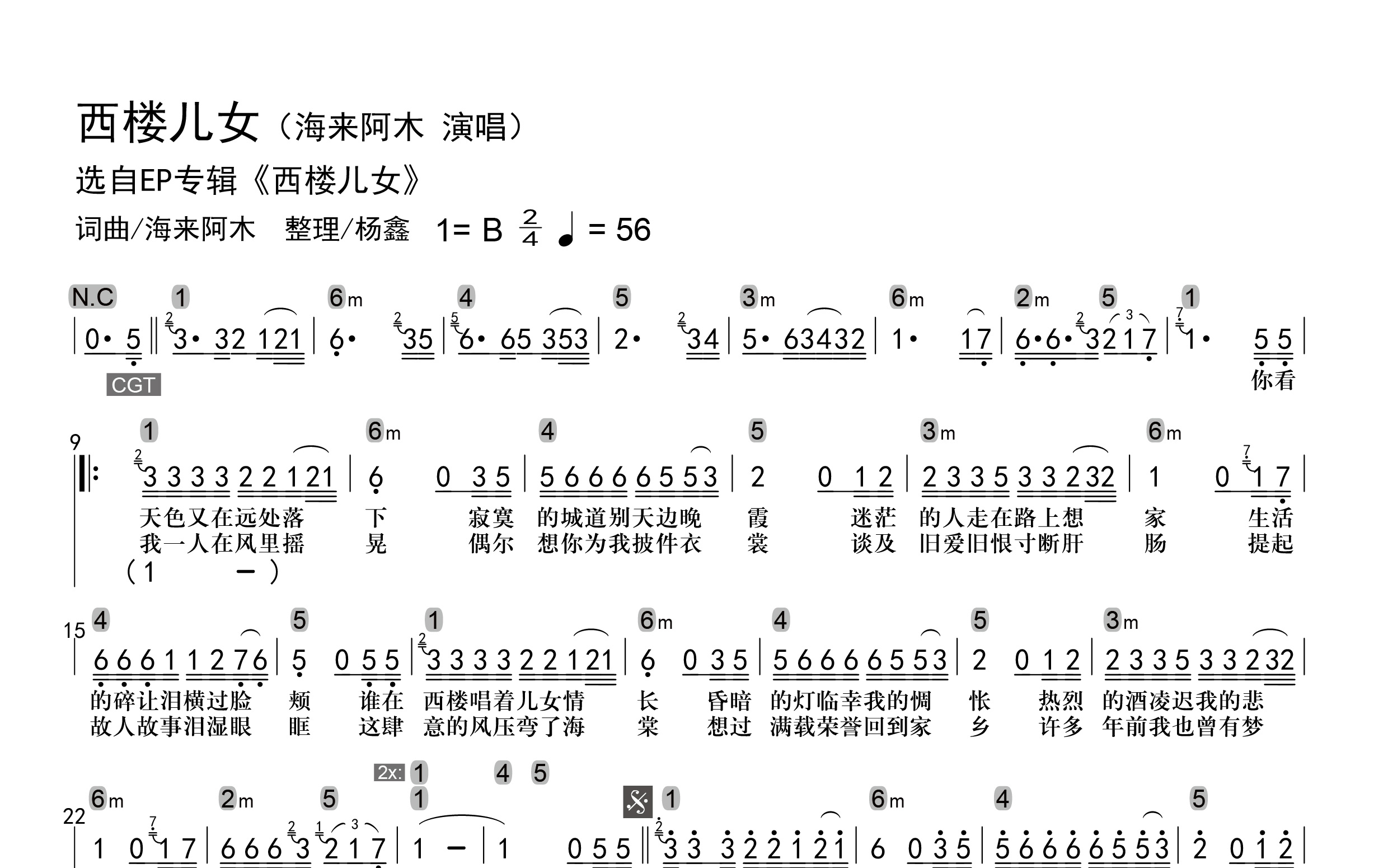 西楼儿女吉他谱-海来阿木-和弦谱