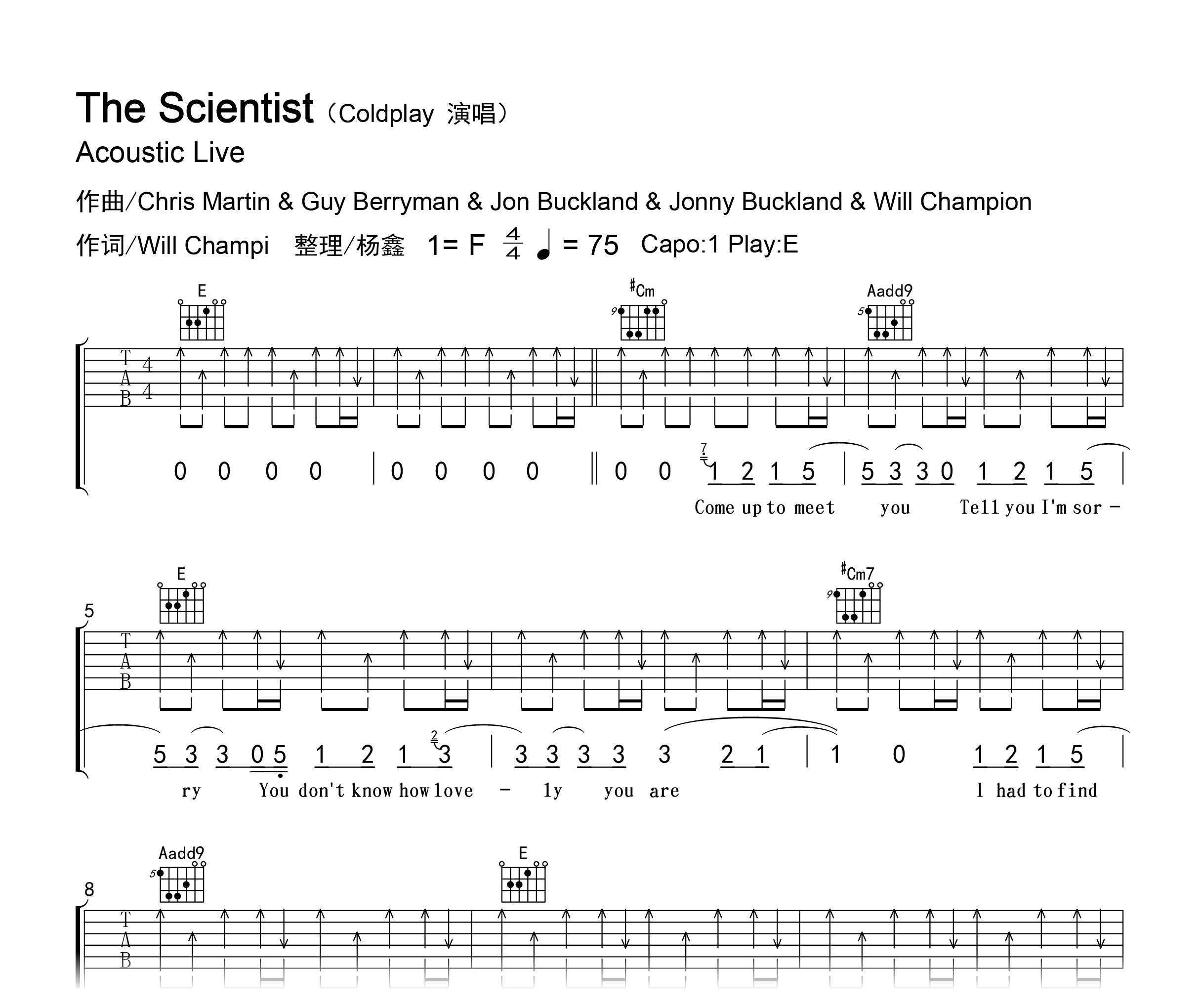 Coldplay《The scientist》吉他谱-弹唱六线谱