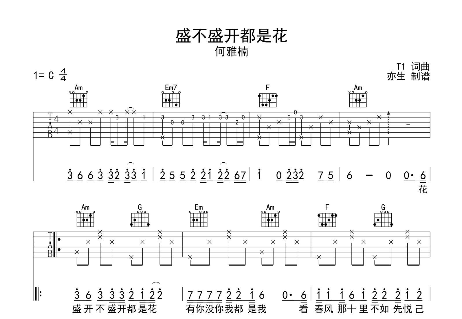 盛不盛开都是花吉他谱-何雅楠-C调弹唱谱