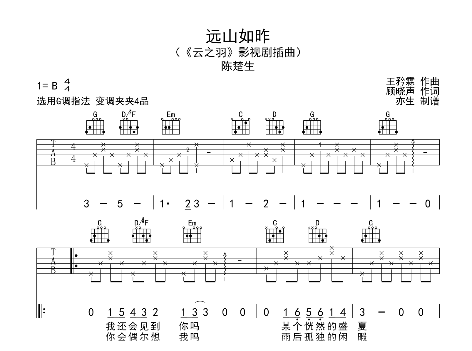 陈楚生《远山如昨》吉他谱-云之羽插曲