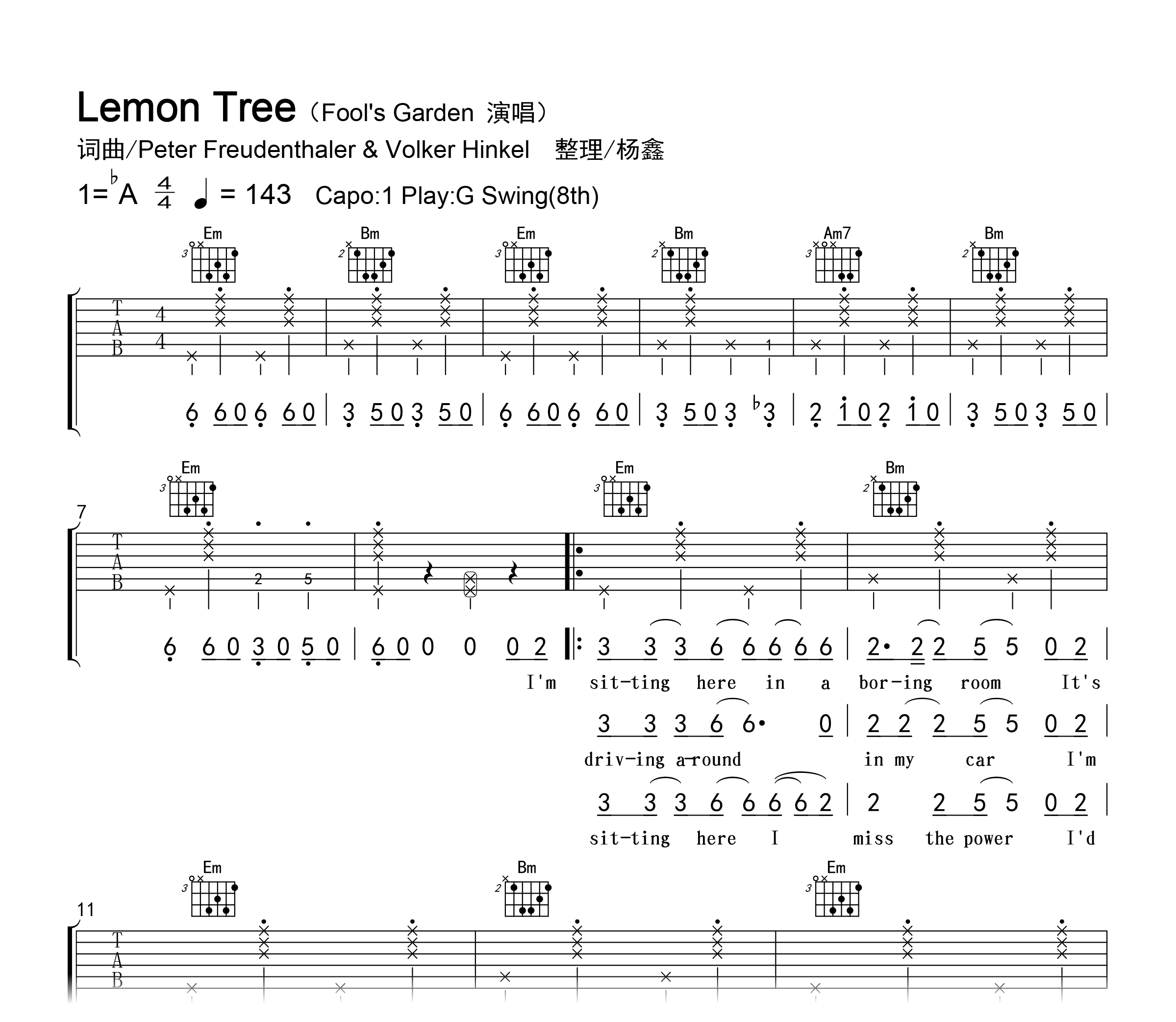 Lemon Tree吉他谱-Fool's Garden-G调弹唱六线谱