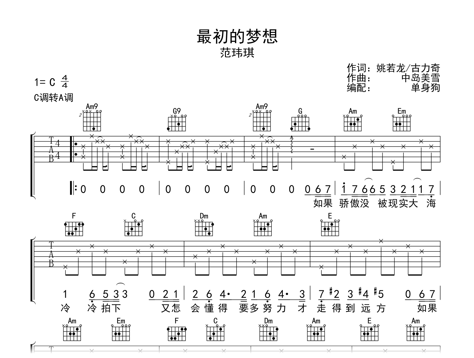 最初的梦想吉他谱-范玮琪-C调弹唱谱