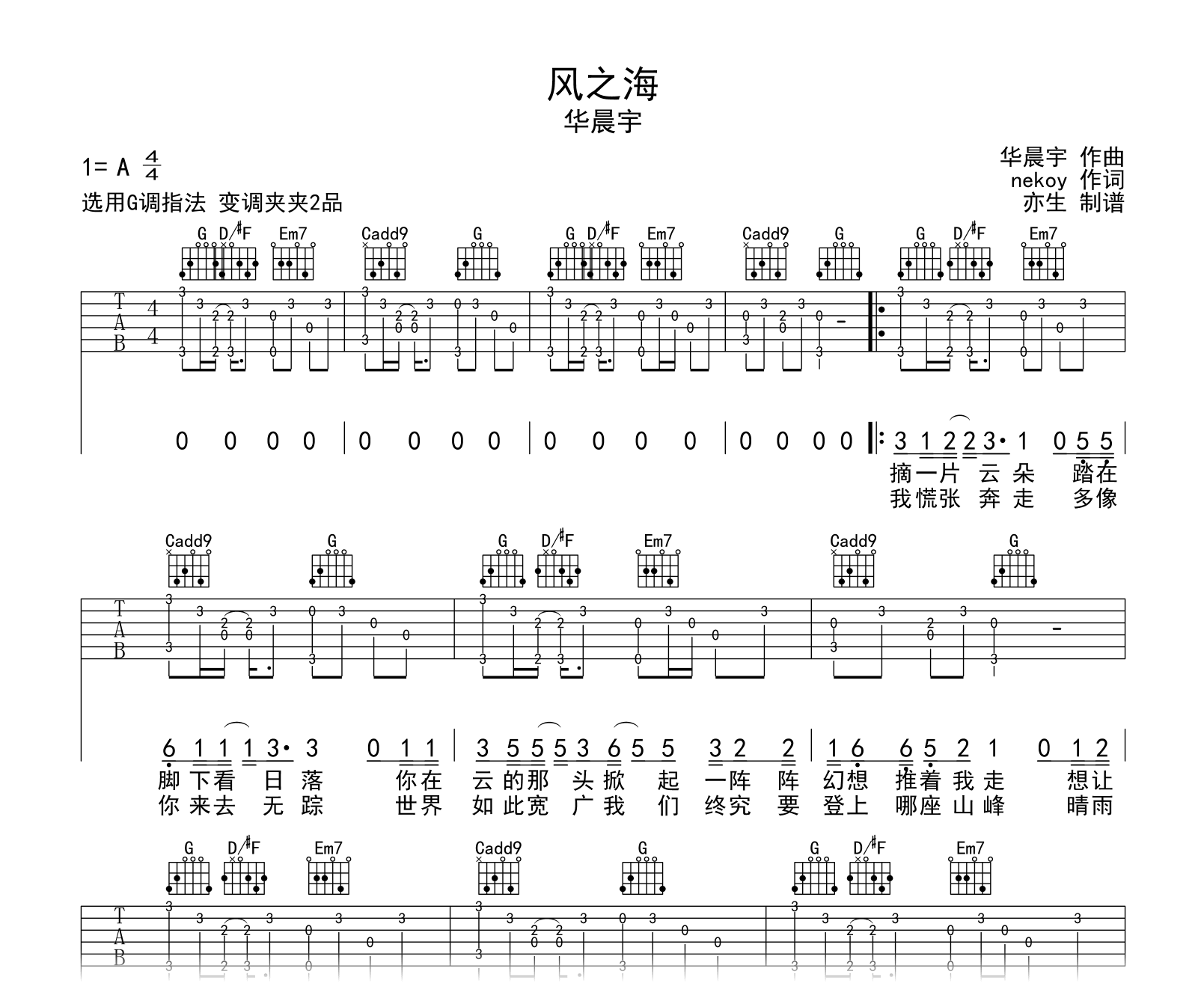 张雨生《大海》吉他谱 G调指法超原版编配【高清谱】_音伴