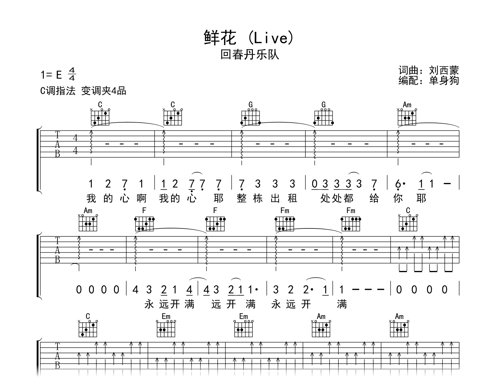 鲜花吉他谱-回春丹-乐队的夏天现场版