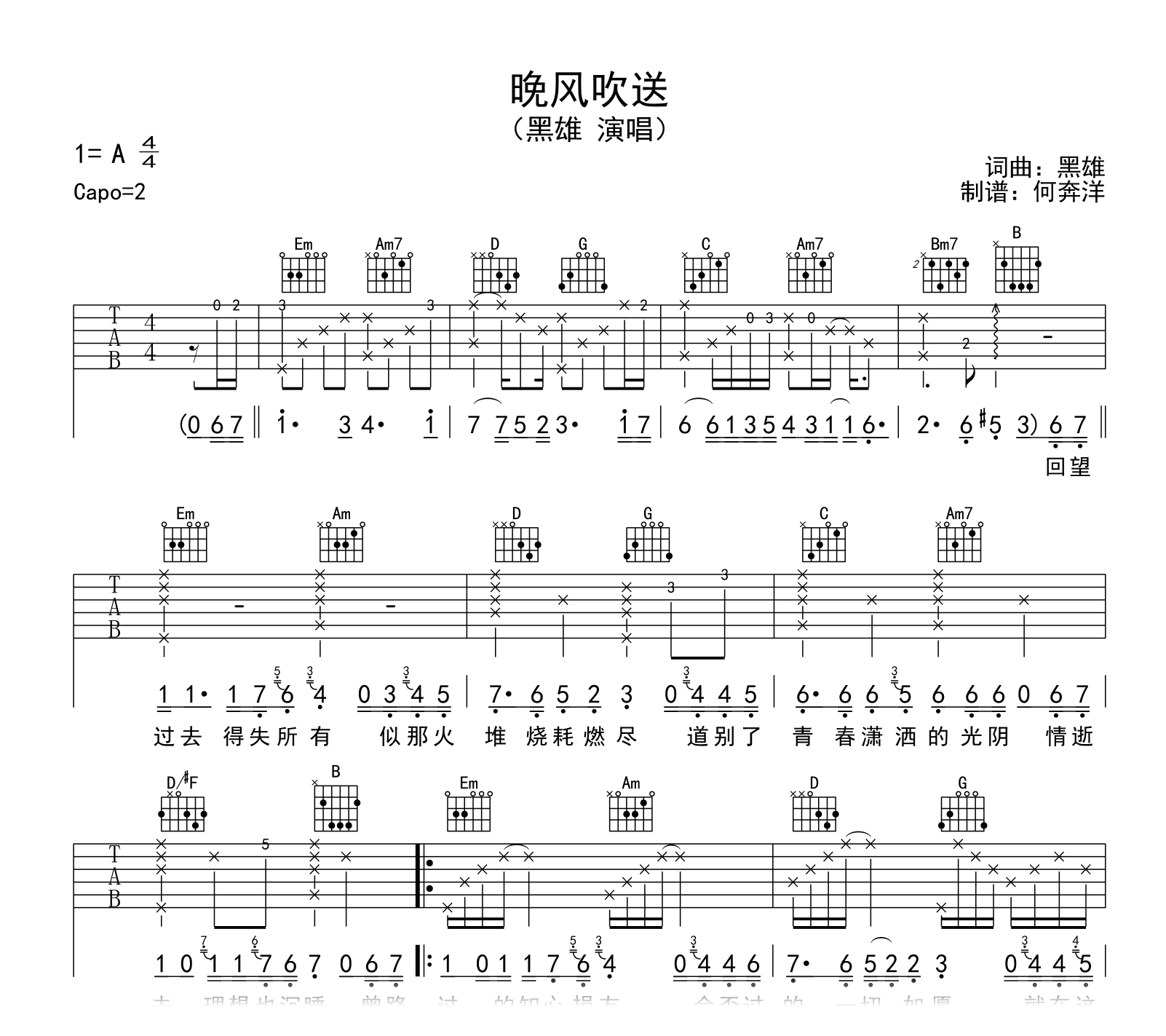 黑雄《晚风吹送》吉他谱-粤语歌曲