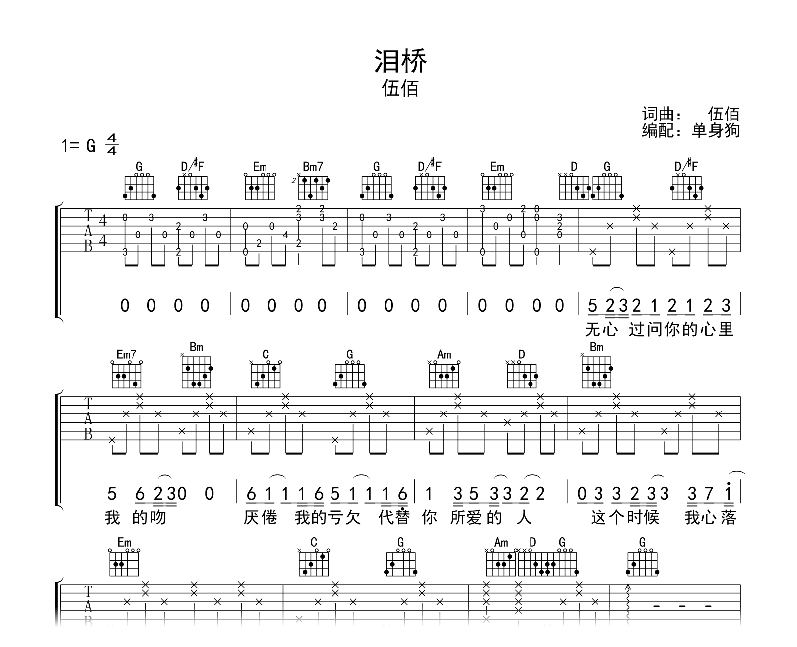 泪桥吉他谱-伍佰-G调弹唱六线谱