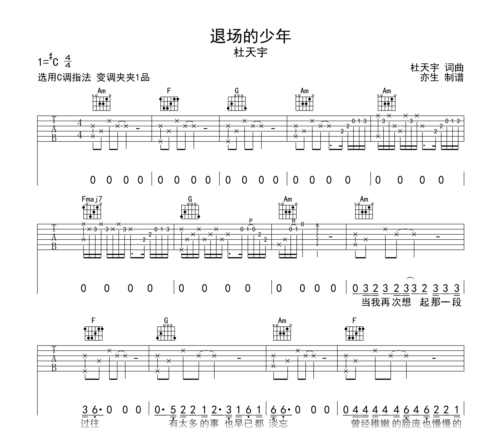 退场的少年吉他谱-杜天宇-C调-吉他帮