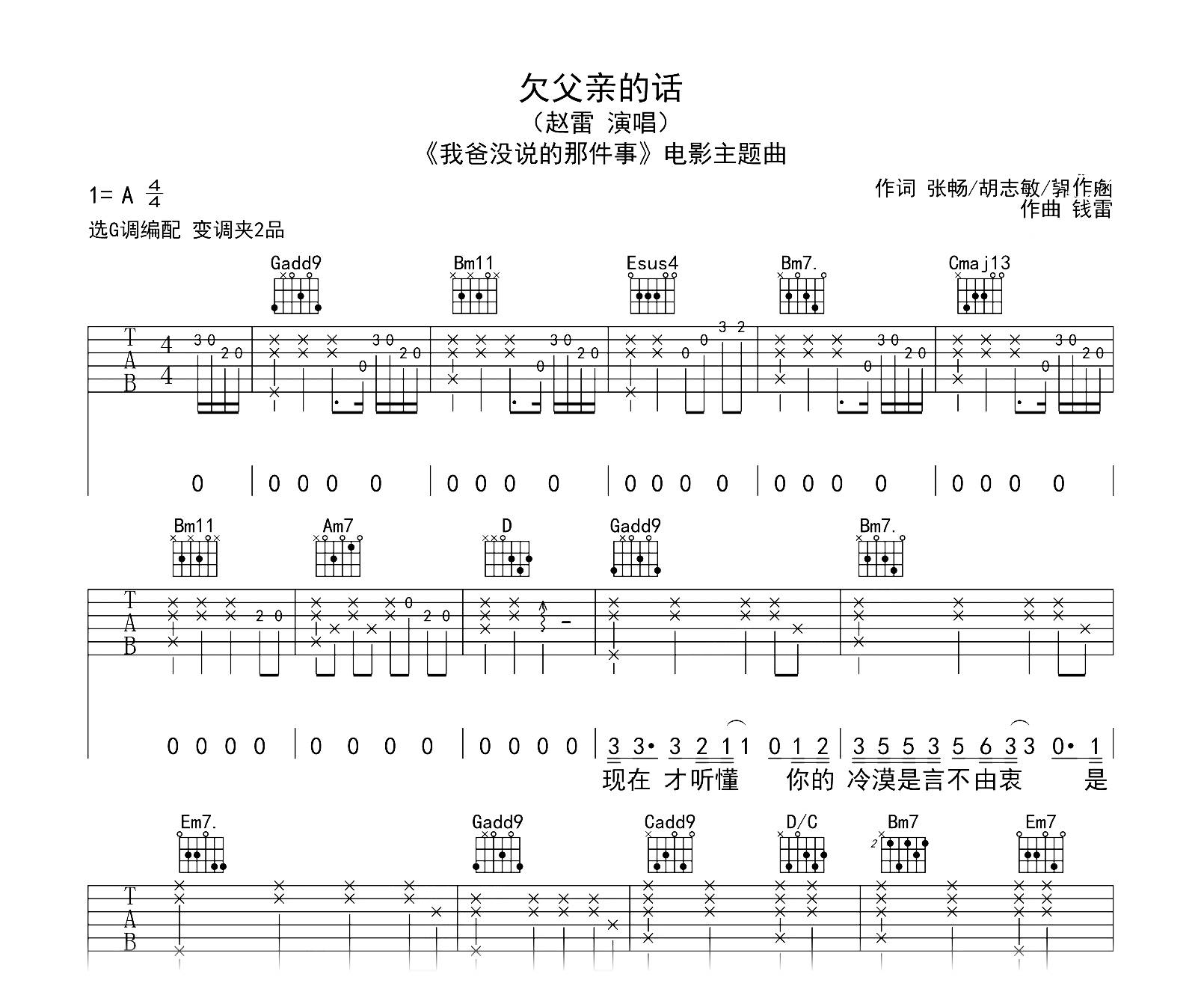 欠父亲的话吉他谱-赵雷-G调弹唱六线谱-吉他帮