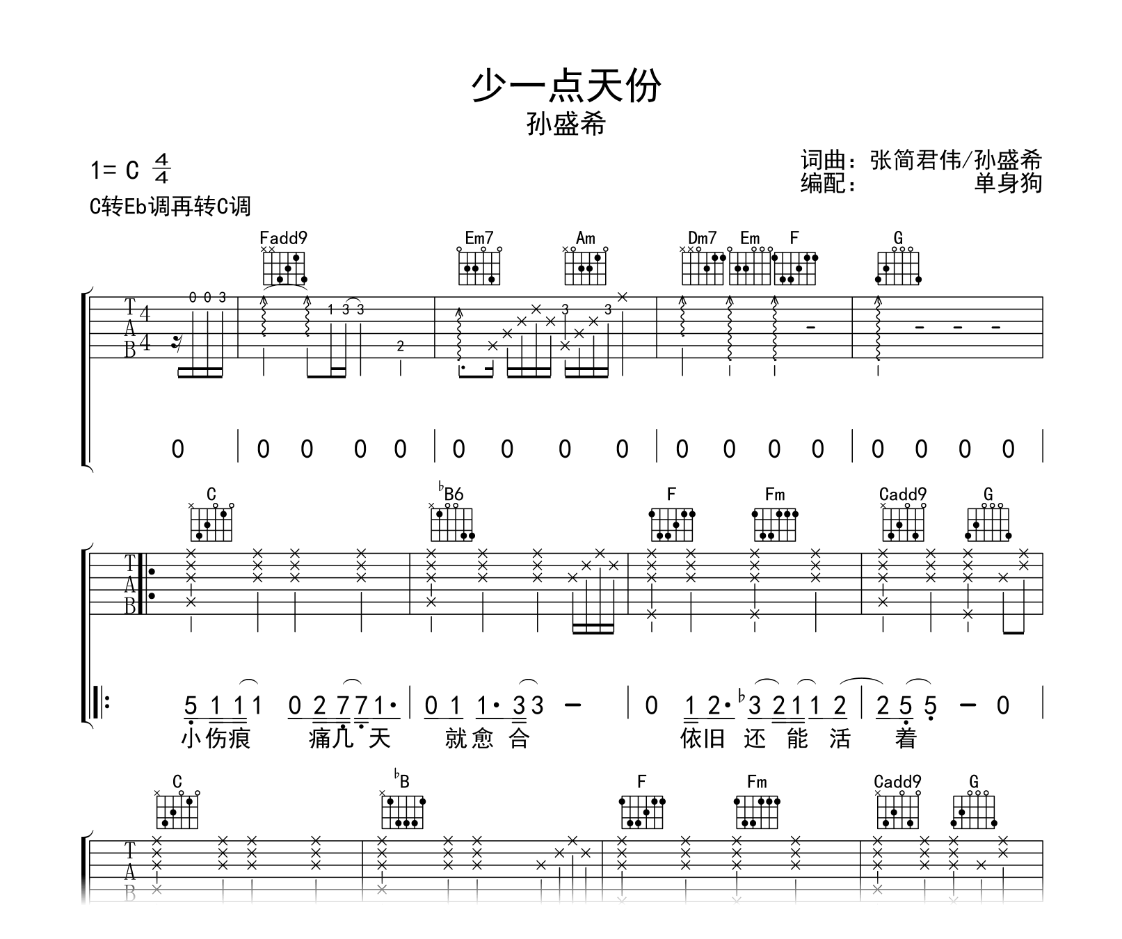 天份吉他谱,原版歌曲,简单C调弹唱教学,六线谱指弹简谱2张图 - 吉他简谱 - 吉他世界