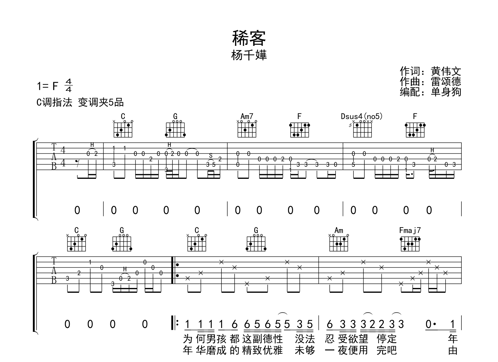 稀客吉他谱-杨千嬅-C调弹唱谱