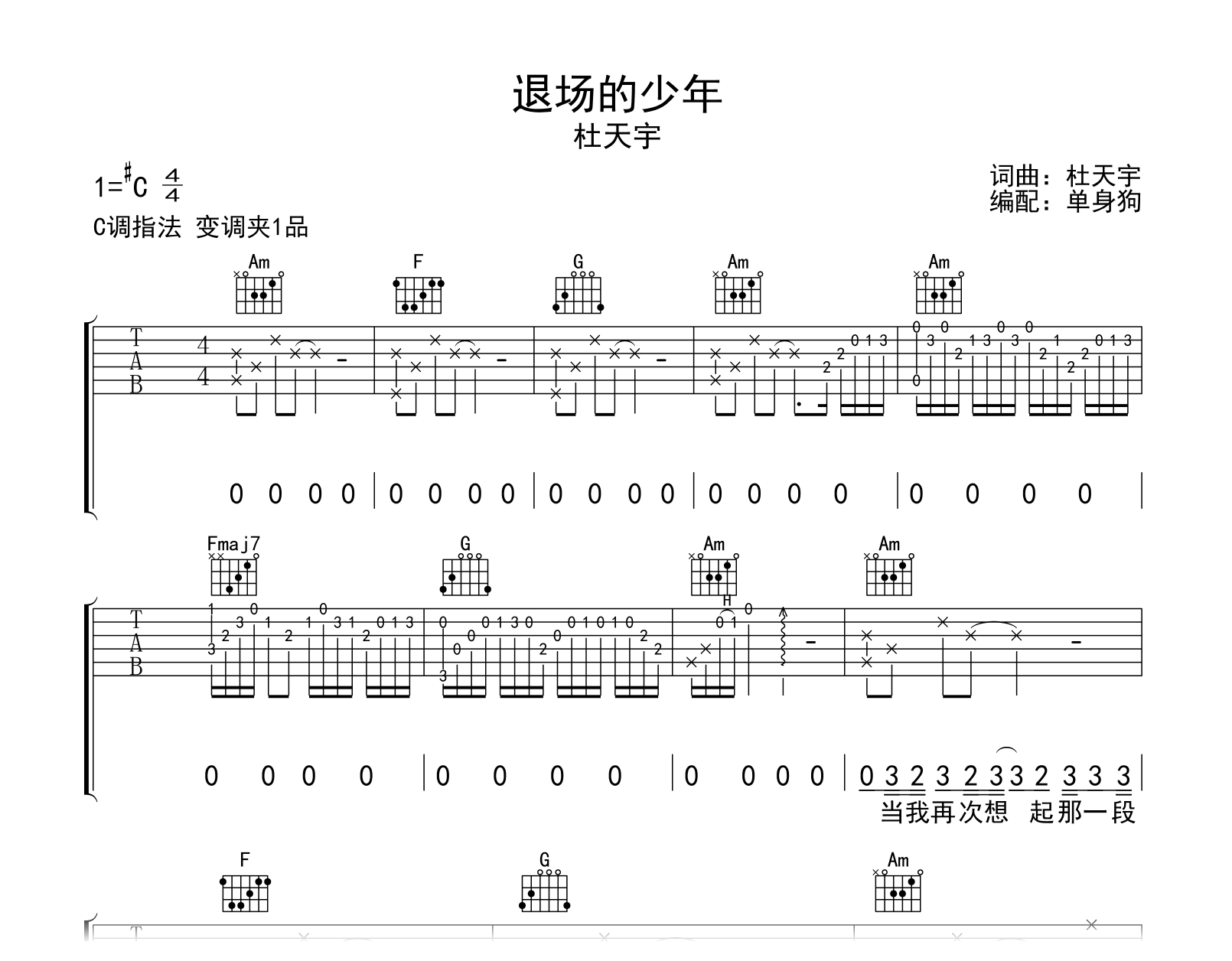 退场的少年吉他谱-杜天宇-C调弹唱谱