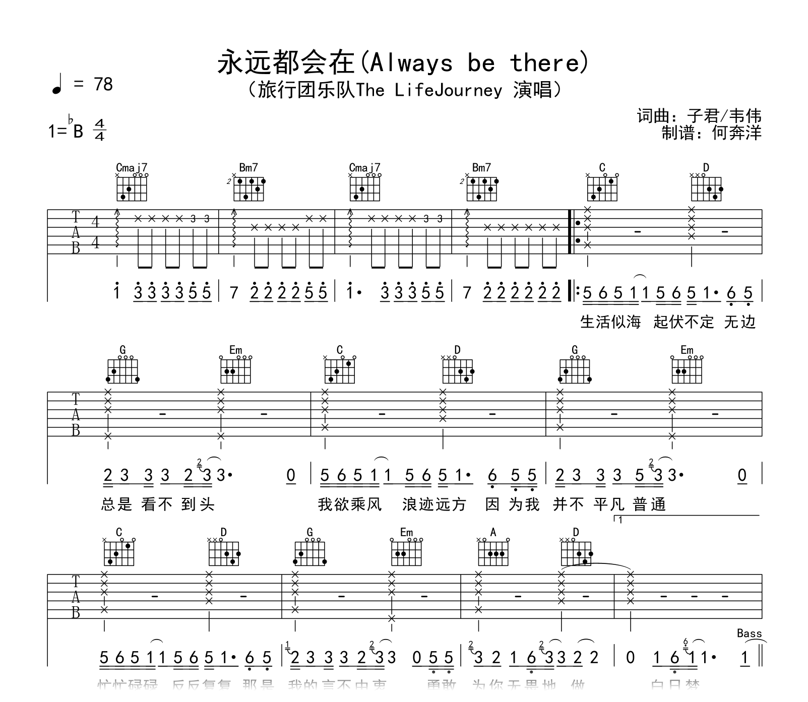 旅行团乐队《永远都会在》吉他谱-弹唱六线谱