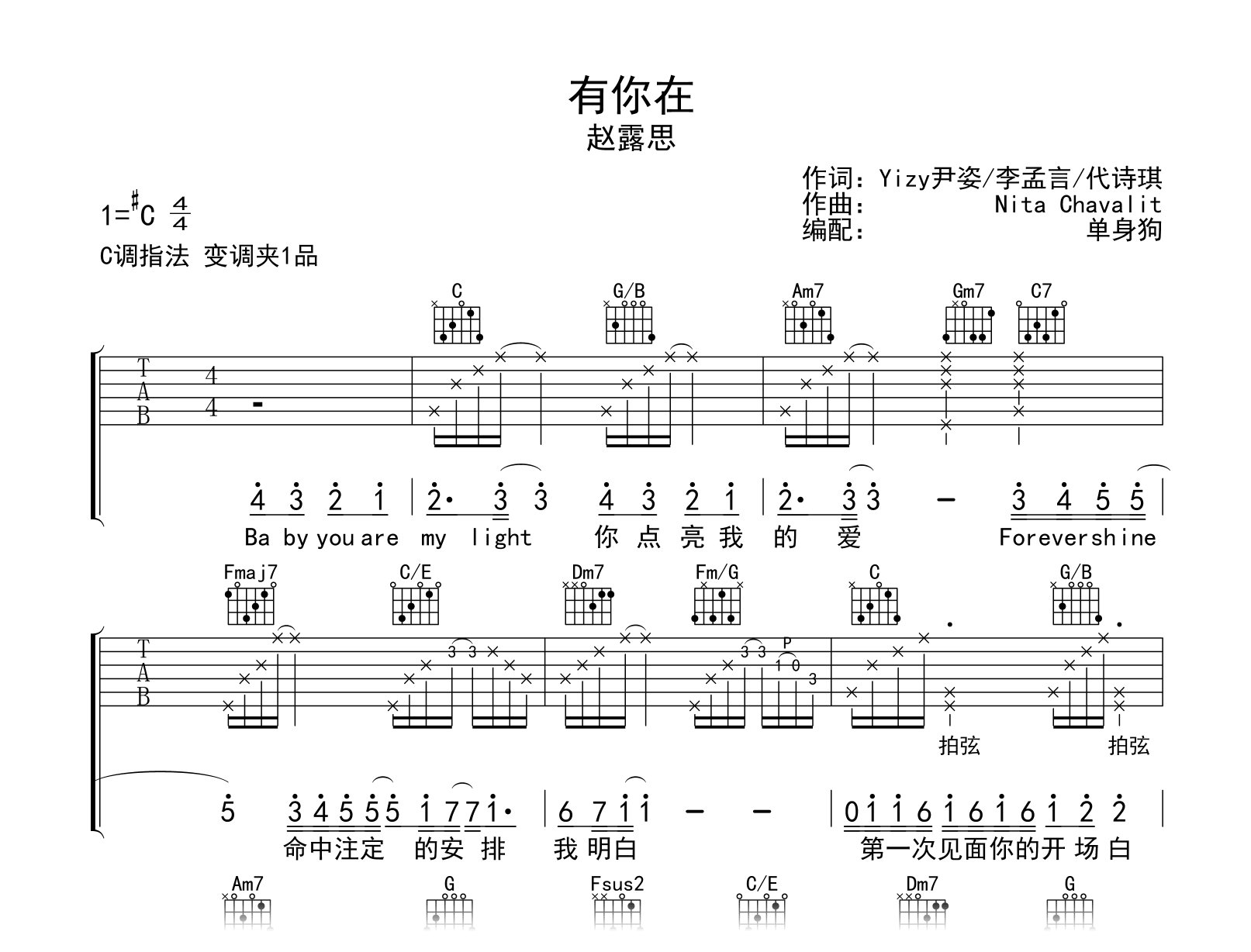 赵露思《有你在》吉他谱-C调指法-吉他帮