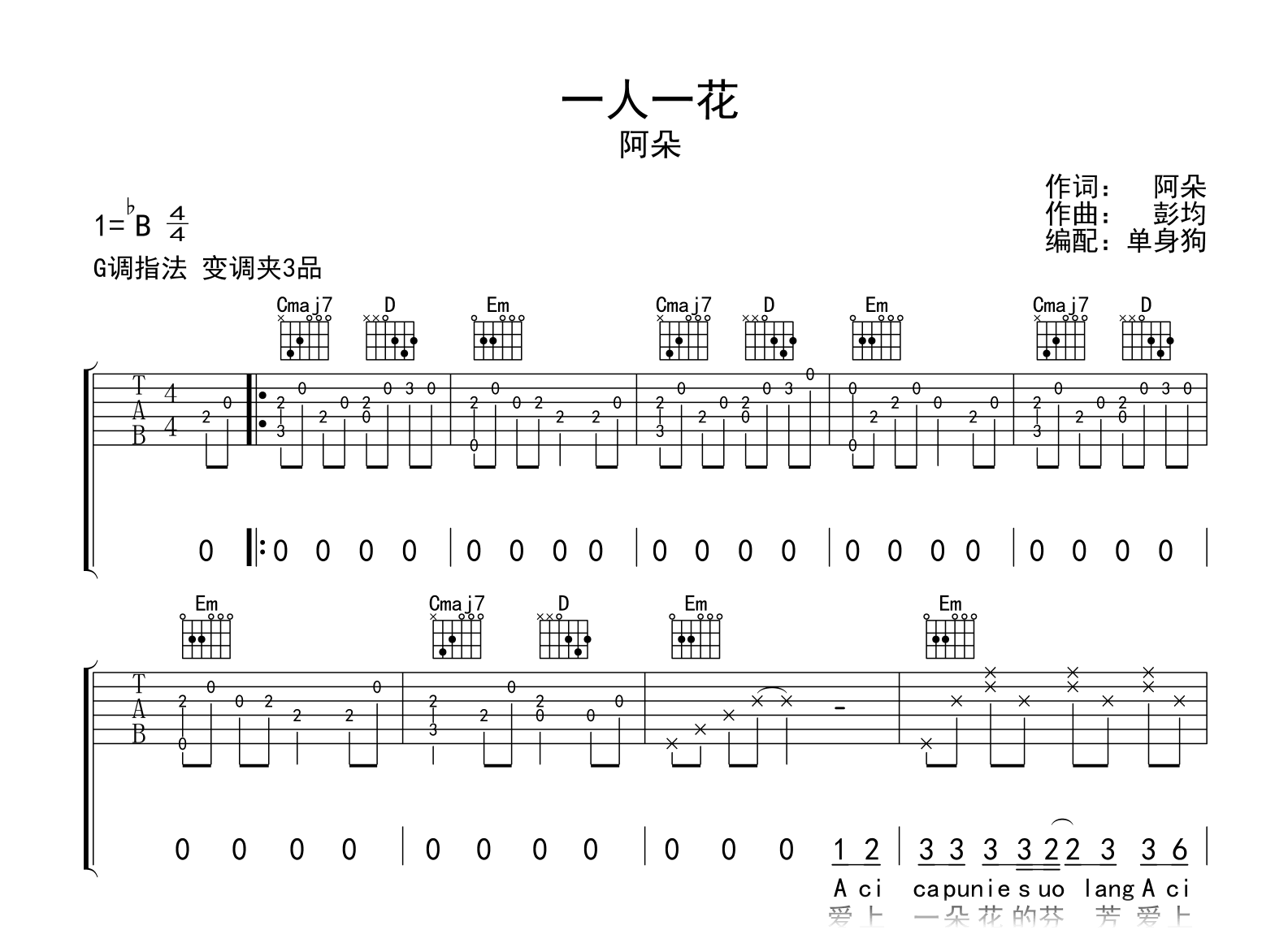 一人一花吉他谱-阿朵-G调弹唱谱