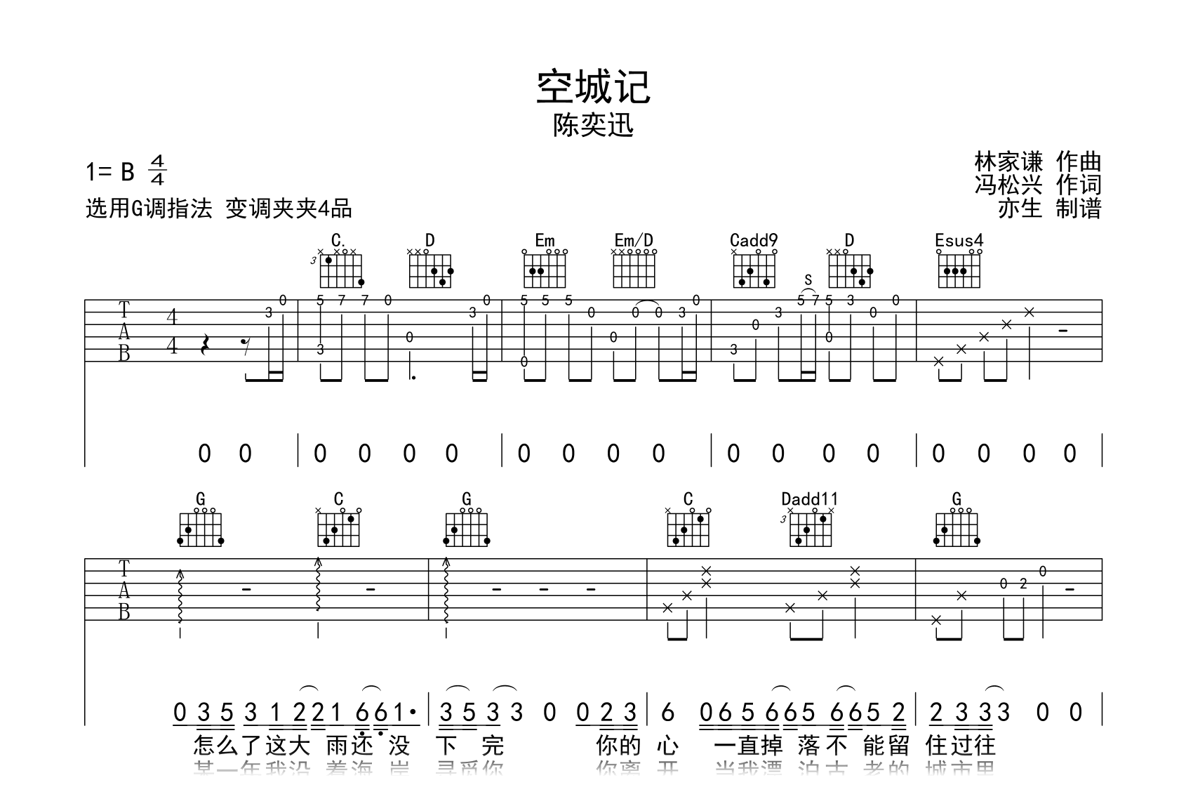 空城吉他谱-杨坤-《空城》C调原版弹唱六线谱-高清图片谱-吉他源