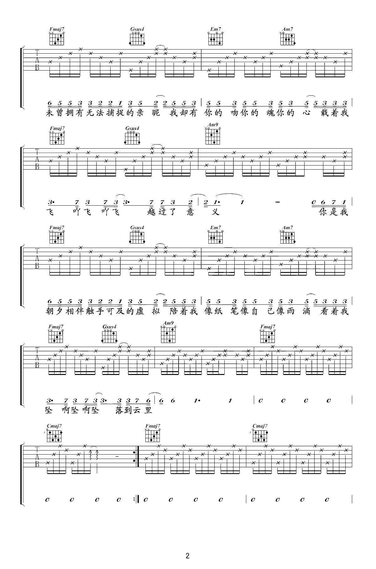 虚拟吉他谱-陈粒-C调六线谱-吉他帮