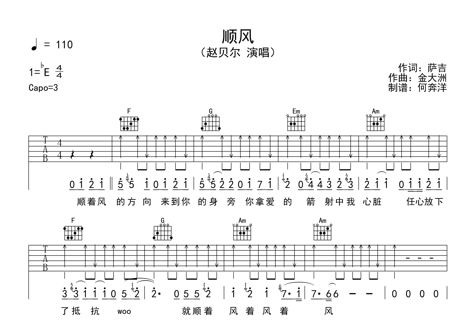 赵贝尔《顺风》吉他谱-C调-吉他帮