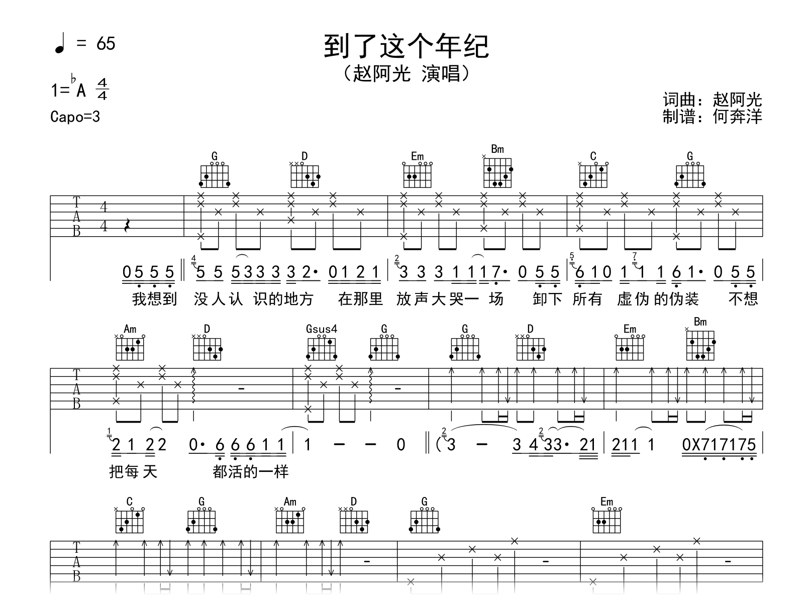 到了这个年纪吉他谱_赵阿光_G调弹唱六线谱