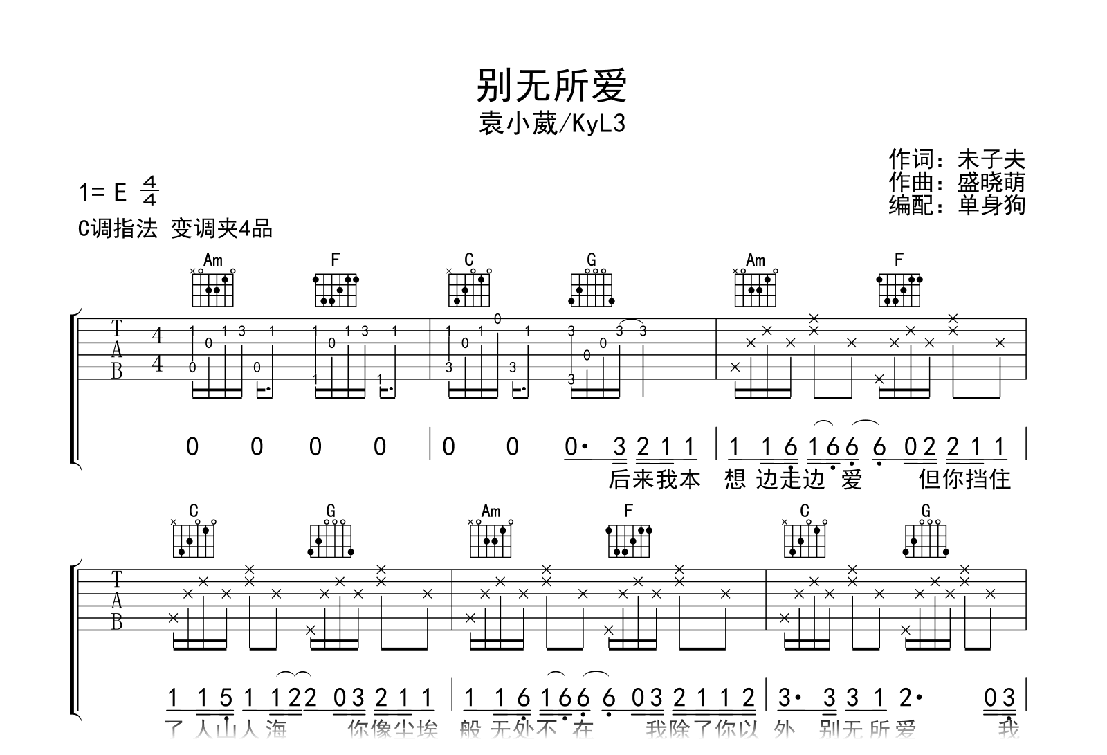 别无所爱吉他谱-袁小葳/KyL3-C调弹唱六线谱