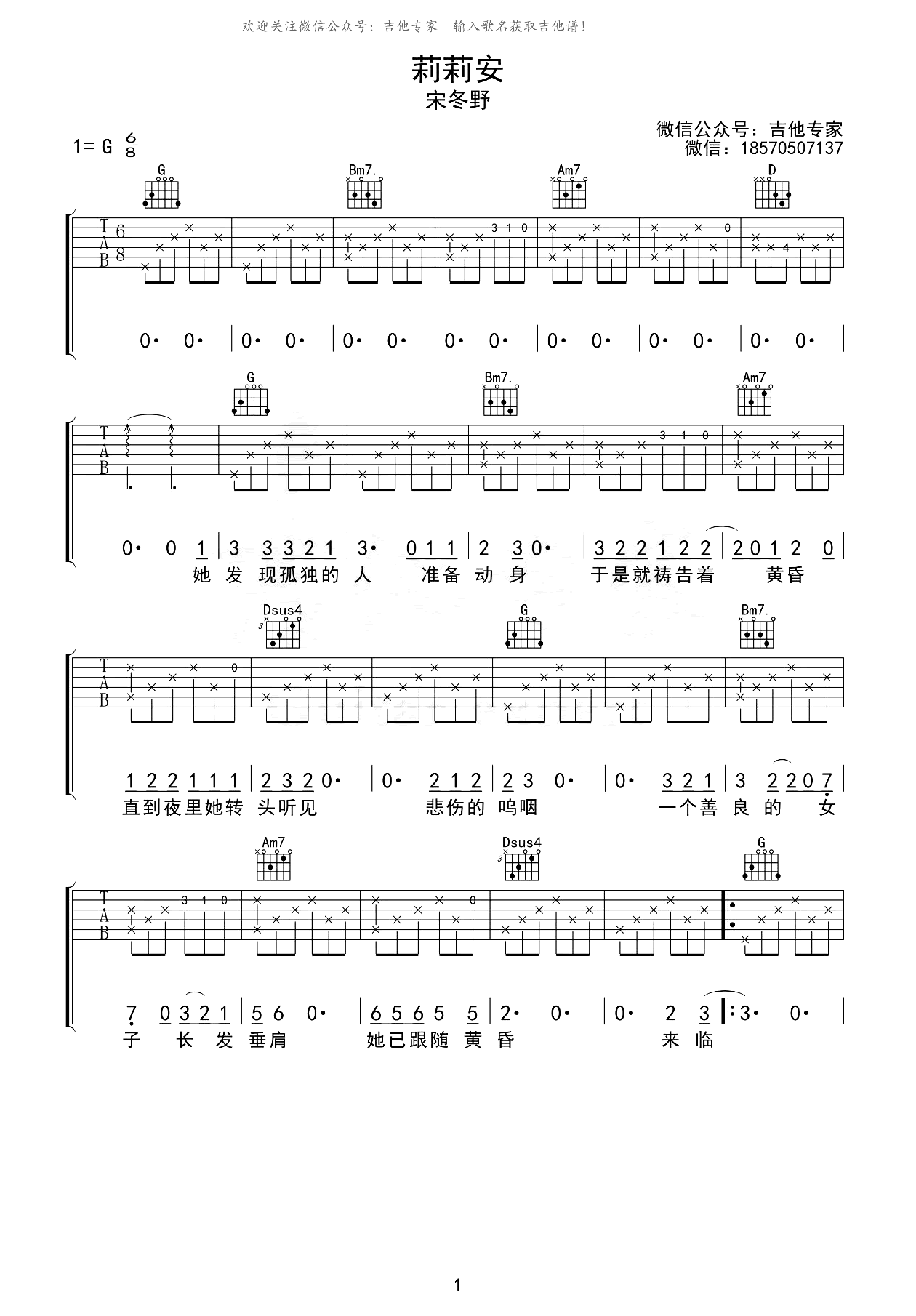 莉莉安吉他谱,宋冬野-吉他弹唱教学