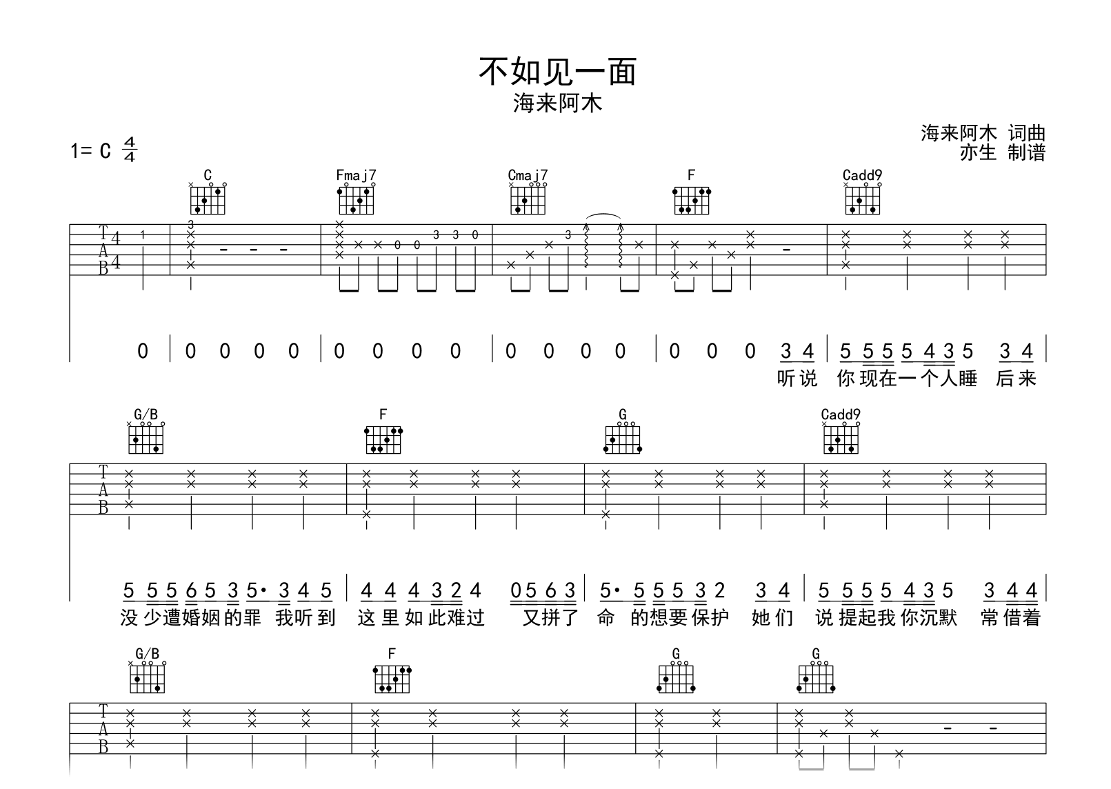 不如见一面吉他谱-海来阿木-C调指法