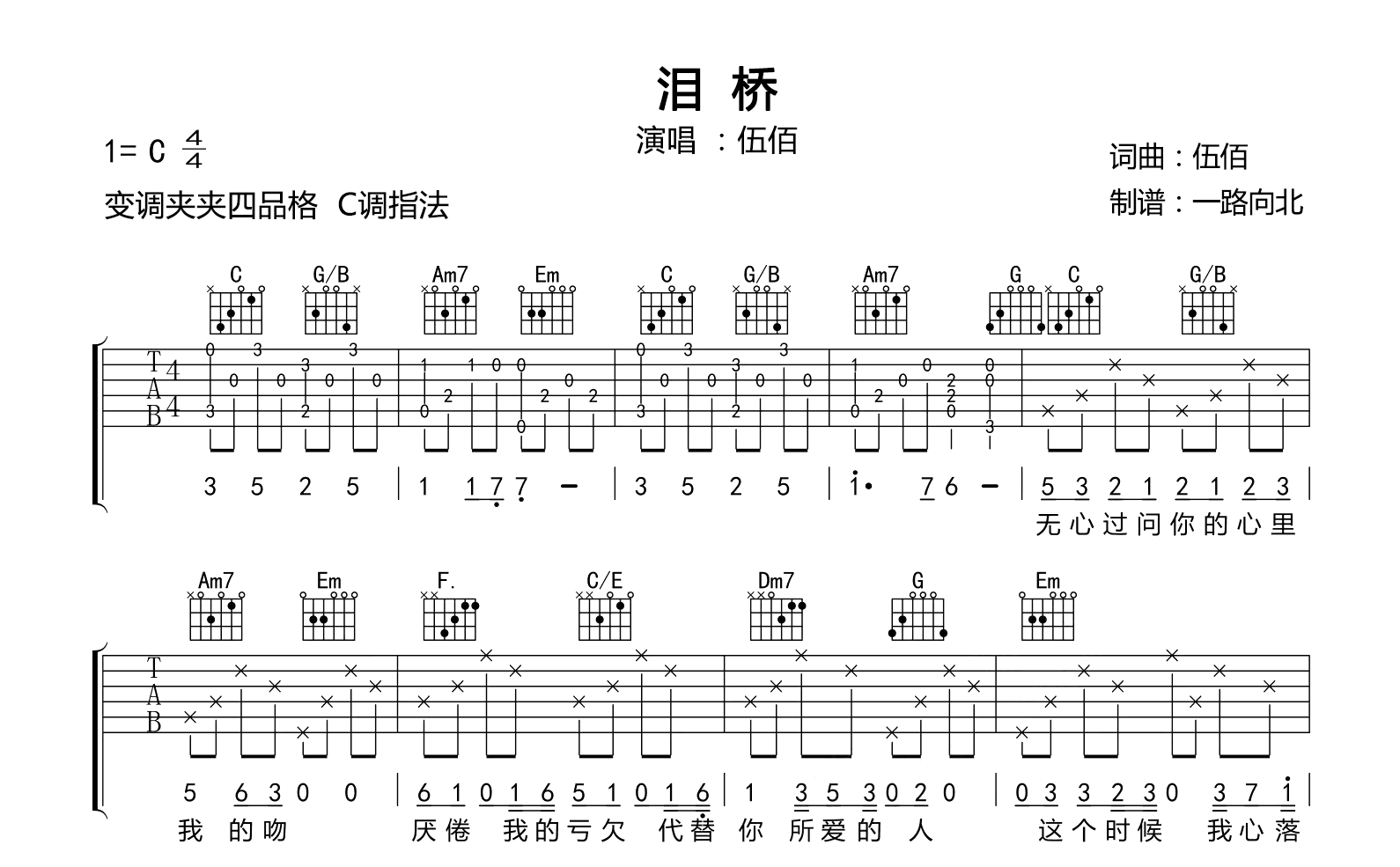 泪桥吉他谱_伍佰_C调简单版