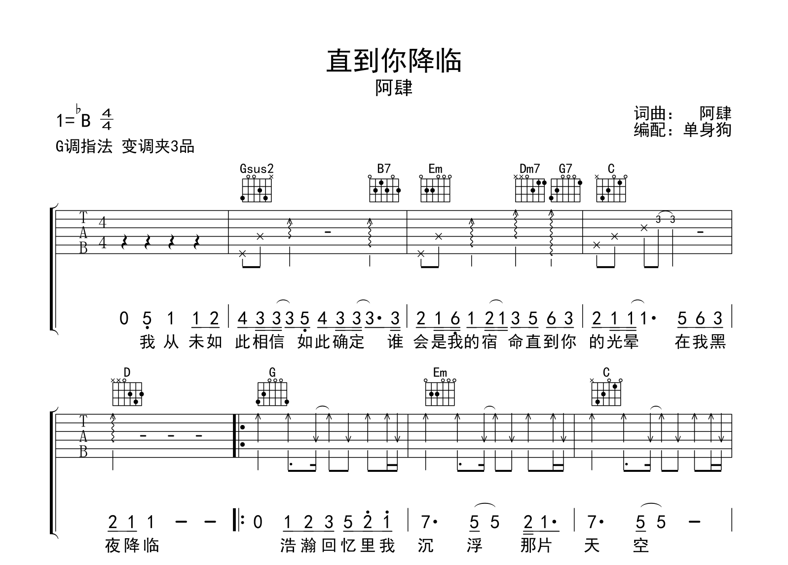 直到你降临吉他谱-阿肆-弹唱六线谱