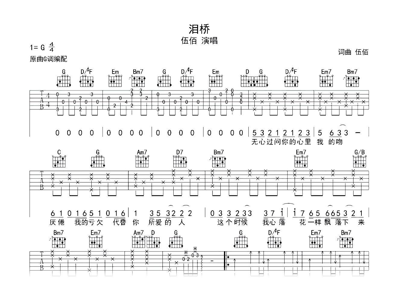 泪桥吉他谱-伍佰-G调弹唱六线谱