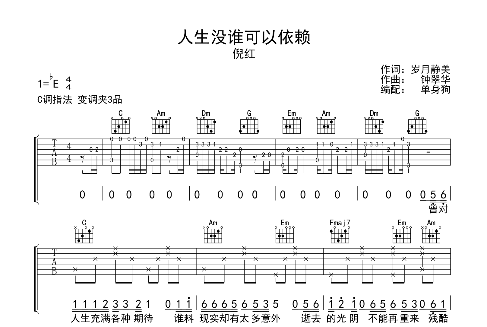 无基础弹法怎么弹_《罪人》吉他谱C调_零基础三天速成教学_慢动作视频完整版 - 吉他简谱