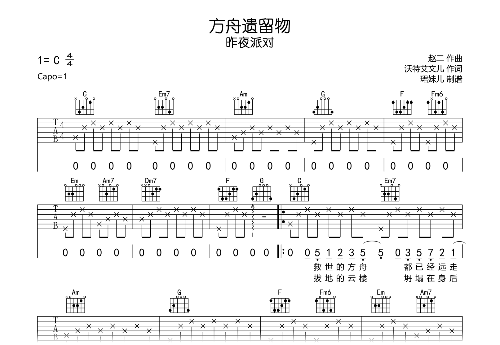 方舟遗留物吉他谱-昨夜派对-C调弹唱谱