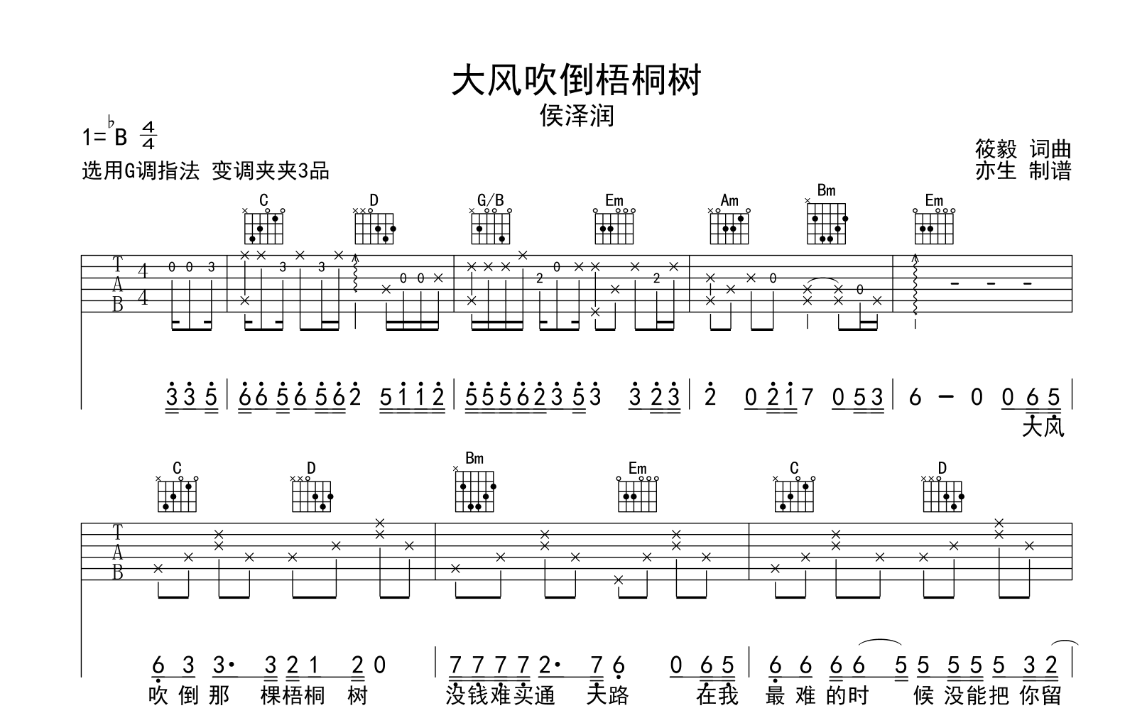 大风吹倒梧桐树吉他谱-侯泽润-吉他弹唱谱