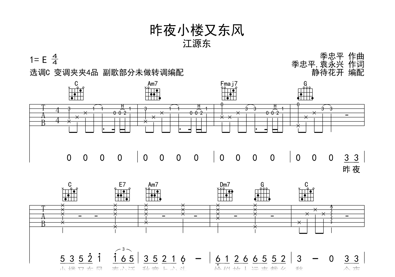 昨夜小楼又东风吉他谱-江源东-C调弹唱六线谱