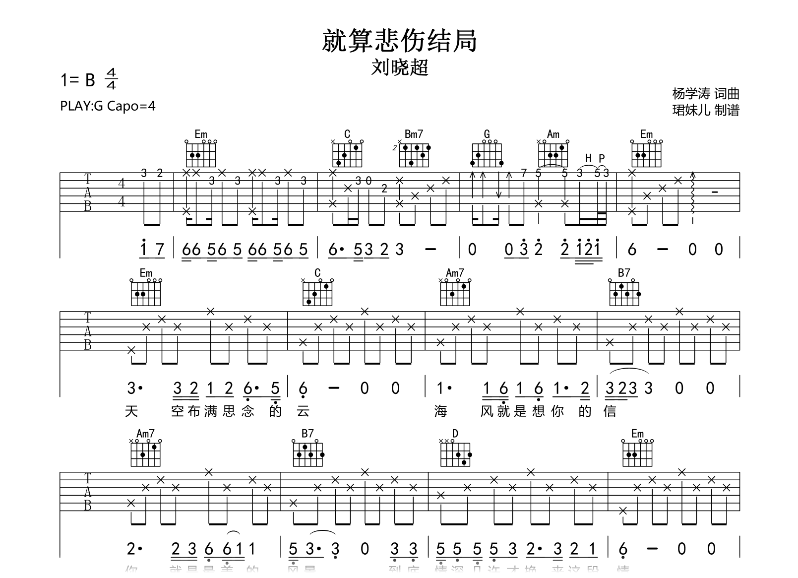 就算悲伤结局吉他谱-刘晓超-G调弹唱六线谱