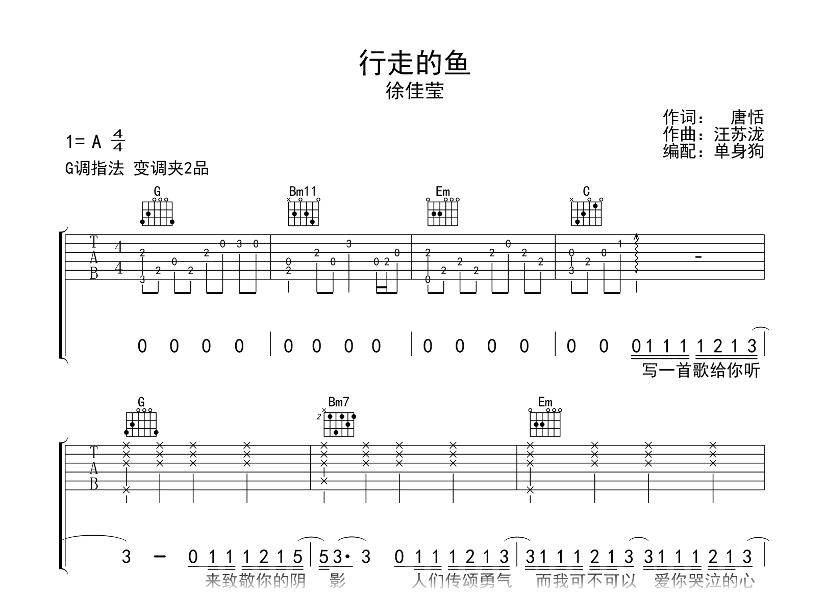 行走的鱼吉他谱-徐佳莹-G调弹唱六线谱