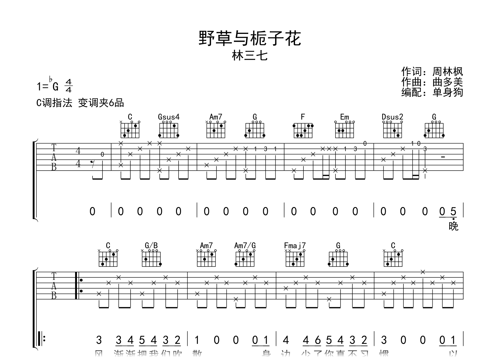 野草与栀子花吉他谱-林三七-弹唱六线谱