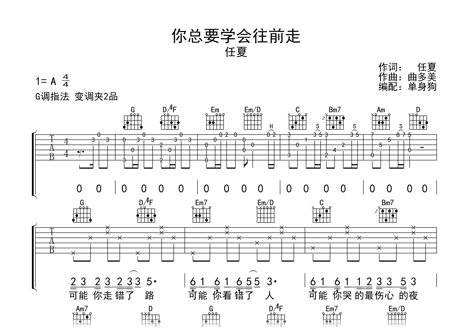 你总要学会往前走吉他谱-任夏-G调弹唱谱