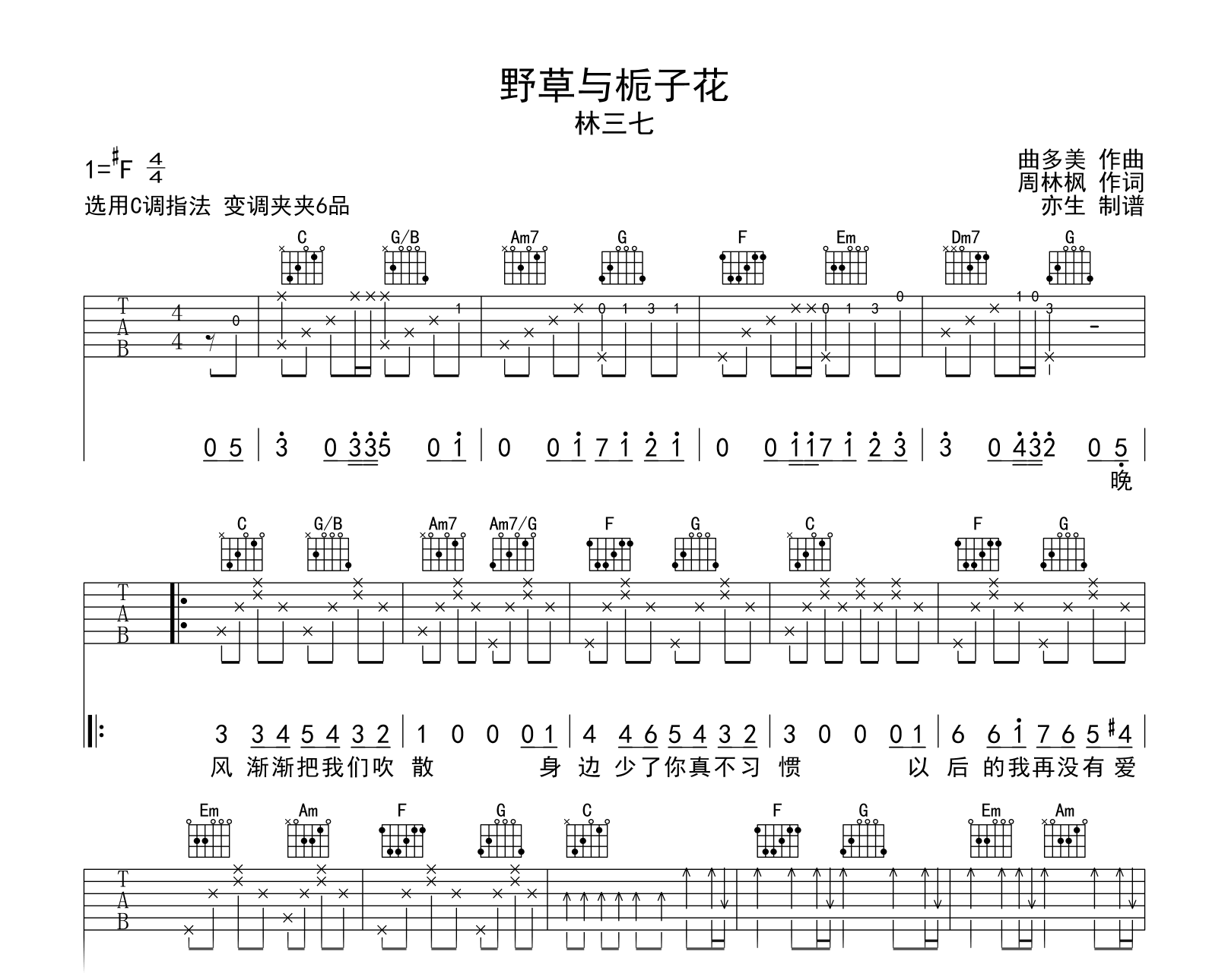 野草与栀子花吉他谱_林三七_C调弹唱谱