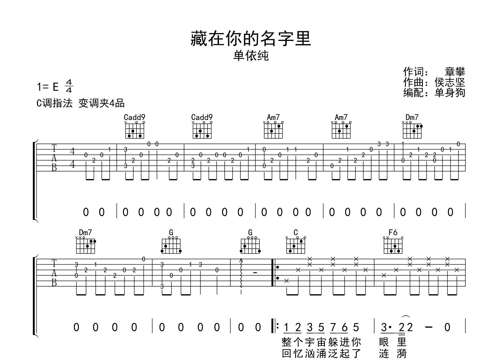 藏在你的名字里吉他谱-单依纯-C调弹唱六线谱