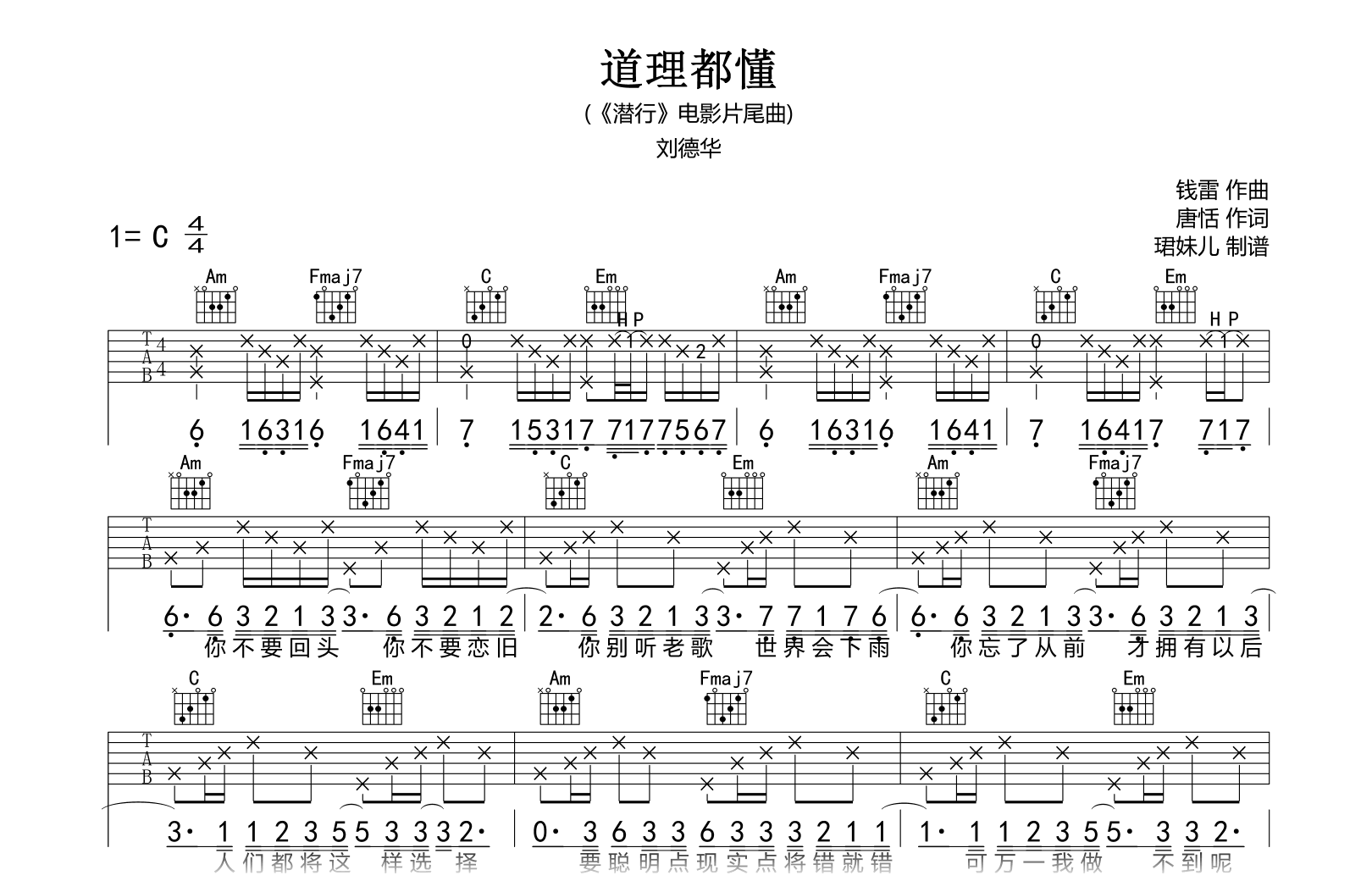 道理都懂吉他谱-刘德华-C调弹唱谱