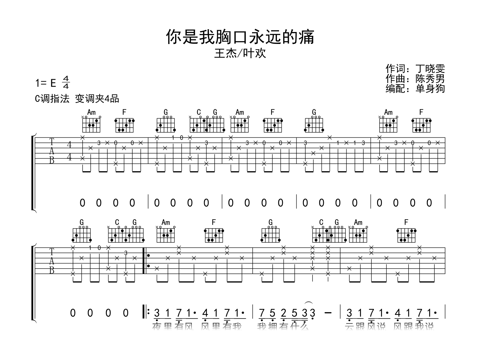 你是我胸口永远的痛吉他谱-王杰/叶欢-C调弹唱六线谱