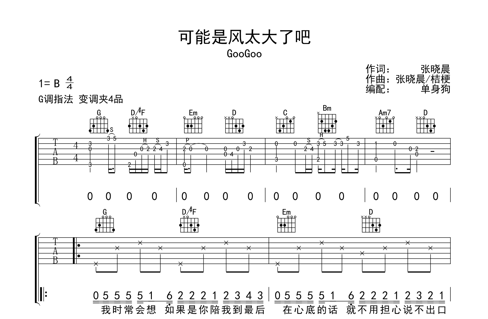 可能是风太大了吧吉他谱-GooGoo-G调指法-吉他帮