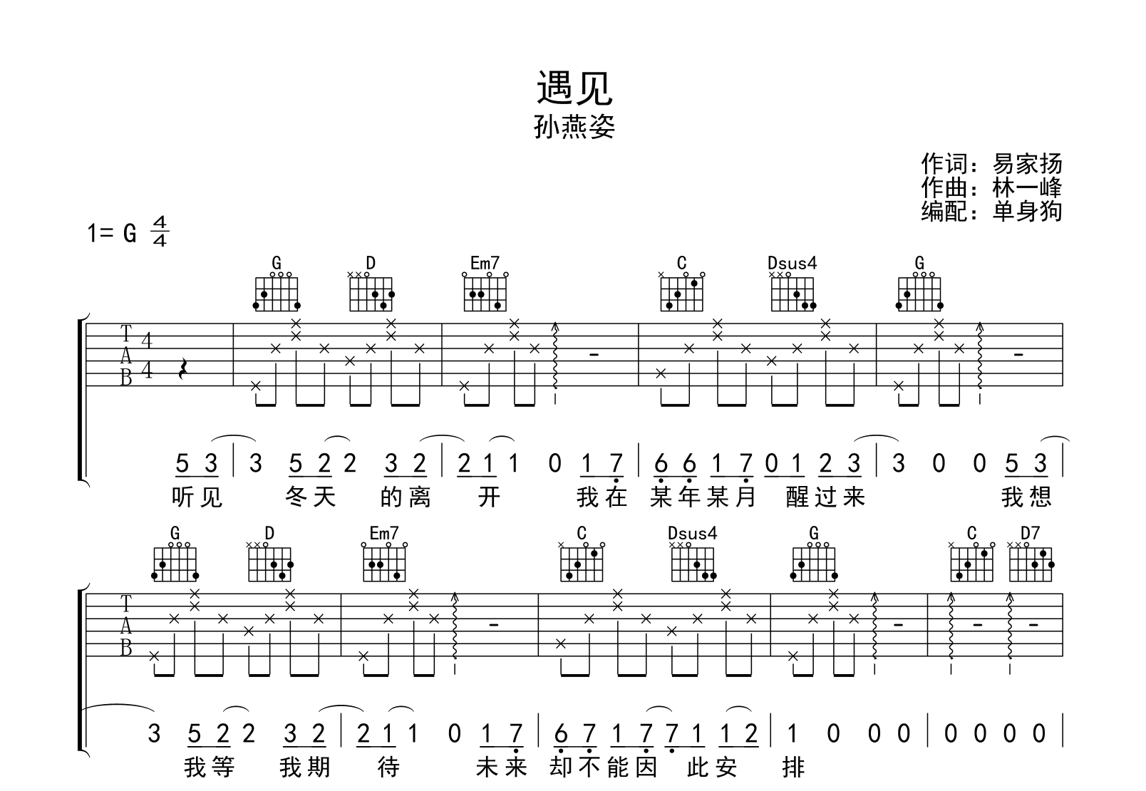 遇见吉他谱-孙燕姿-弹唱六线谱