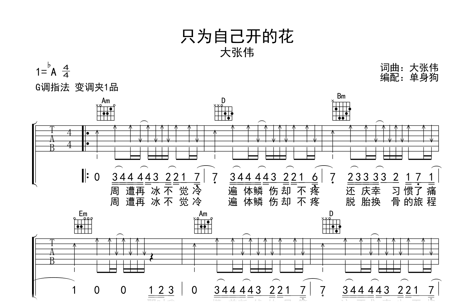 只为自己开的花吉他谱-大张伟-热辣滚烫