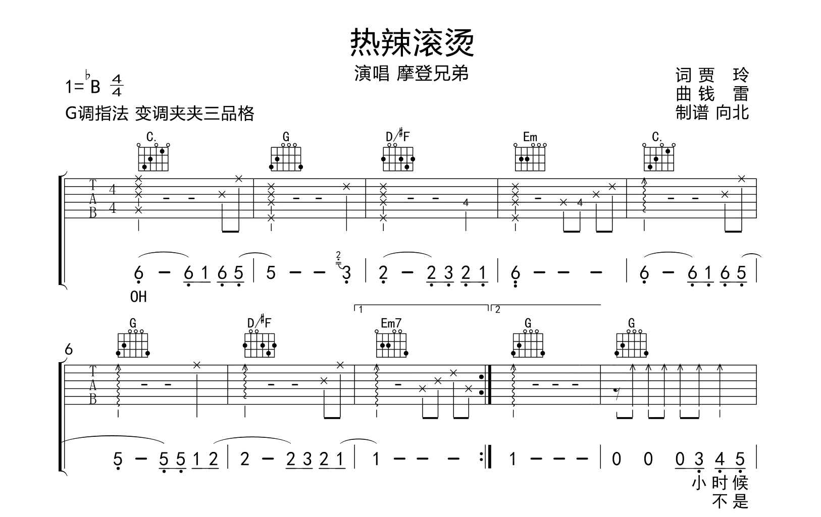 热辣滚烫吉他谱-摩登兄弟刘宇-G调弹唱六线谱