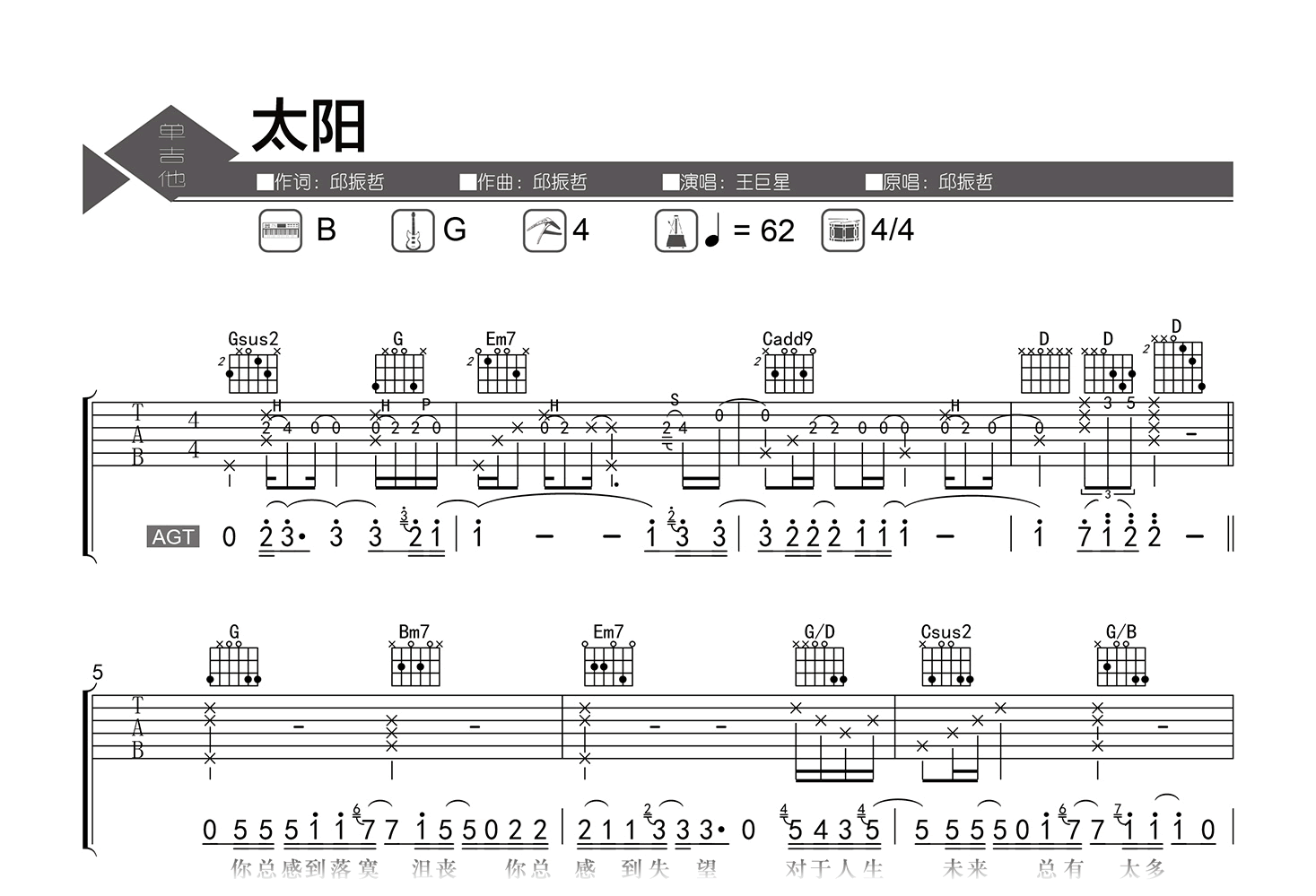 太阳吉他谱-王巨星吉他版-弹唱六线谱