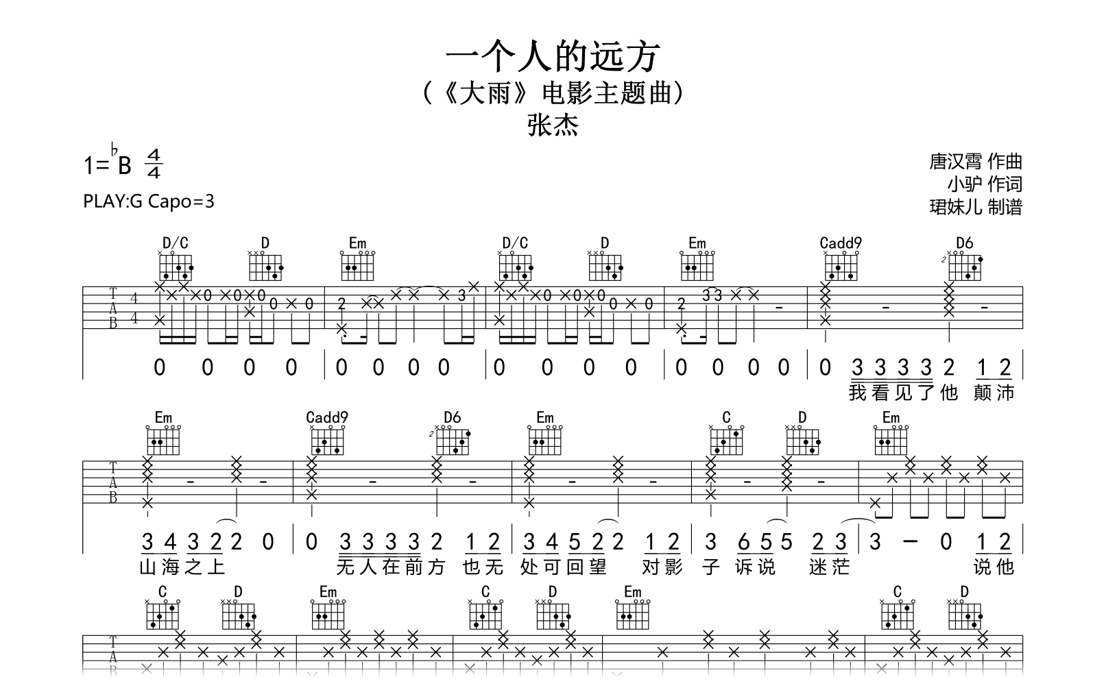 一个人的远方吉他谱-张杰-电影《大雨》主题曲