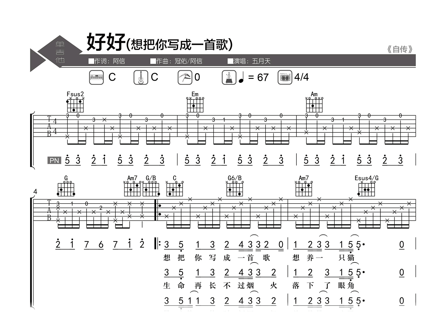 五月天吉他谱,原版S.H.E歌曲,简单C调指弹曲谱,高清六线乐谱教学 - 吉他谱 - 中国曲谱网