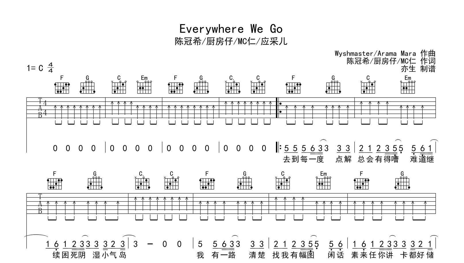 Everywhere We Go吉他谱-陈冠希/厨房仔/MC仁/应采儿-吉他帮