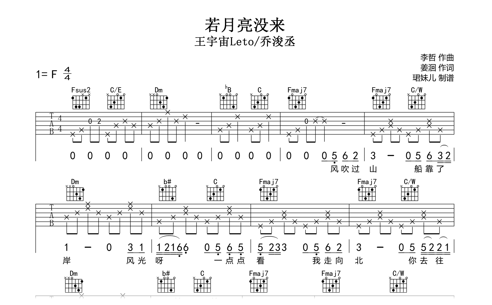 若月亮没来吉他谱-王宇宙Leto/乔浚丞-F调弹唱六线谱